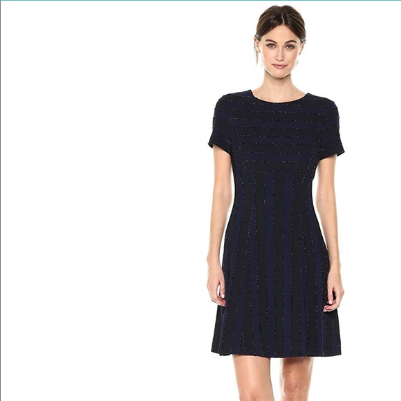 Tahari Sparkle Metallic Stripe Fit Flare Dress 4 - Picture 7 of 7